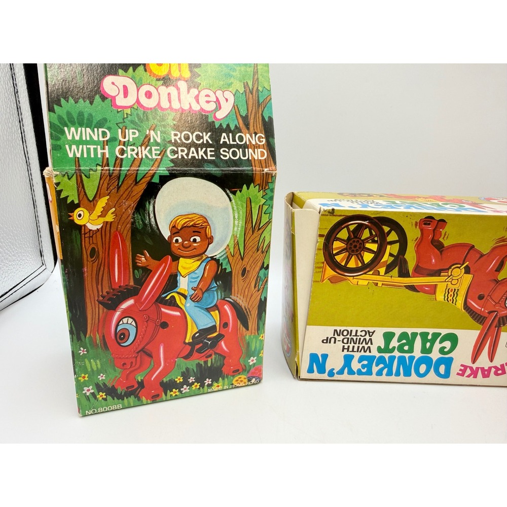 Vintage Marx Toys Mexican Donkey Cart Wind Up Plastic Toy Set Red Burro Riders